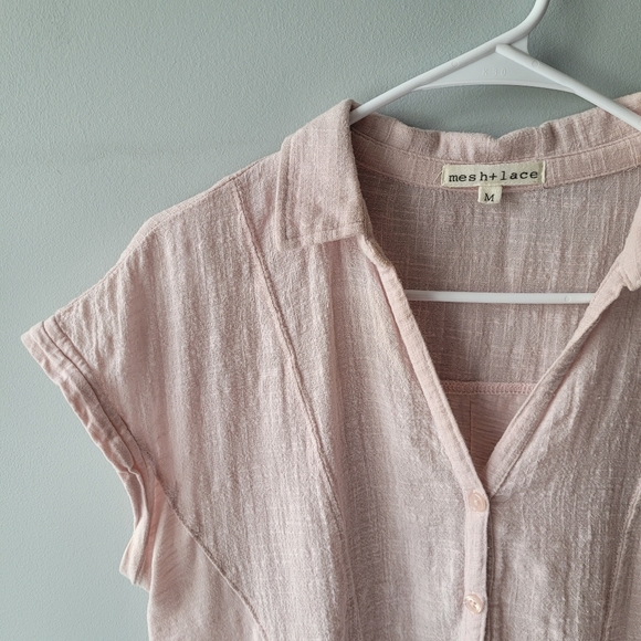 Mesh + Lace Short Sleeve Light Pink Gauze Button Down High Low Top Sz Medium - Picture 4 of 16